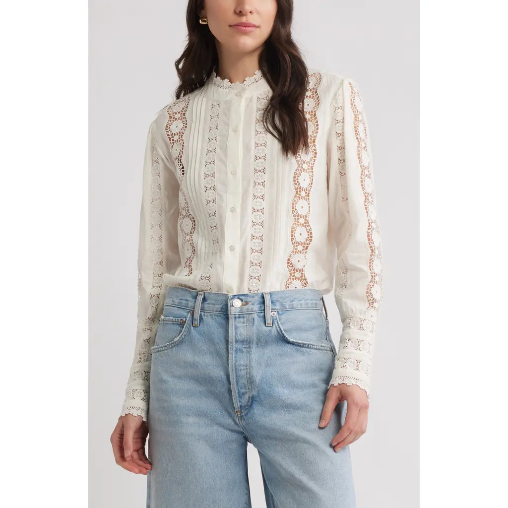 Caslon® Pretty Lace Panel Button-Up Shirt in Ivory Pristine at Nordstrom Rack, Size Small | Nordstrom Rack