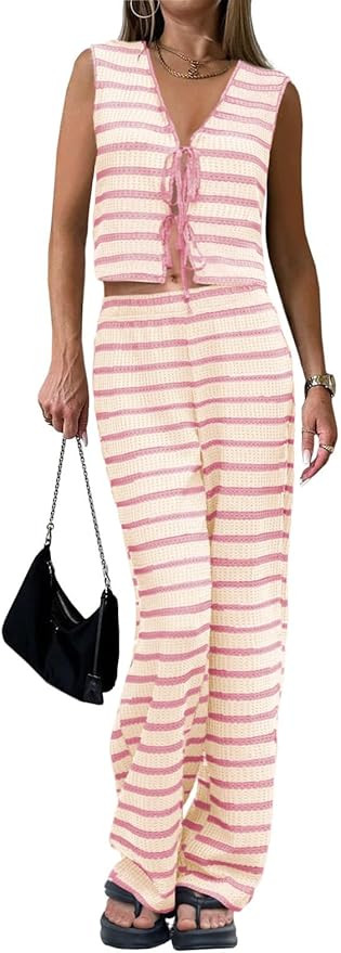 Tankaneo Womens Crochet Sets 2 Piece Outfits Tie Front Sleeveless Vest Tops Wide Leg Pants Stripe... | Amazon (US)