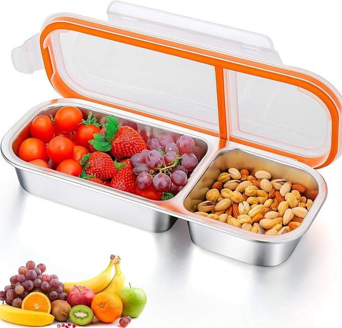 AIERSA Stainless Steel 2 Compartment Snack Box Container, Size 10.3 in X 4 in Reusable Snack Cont... | Amazon (US)