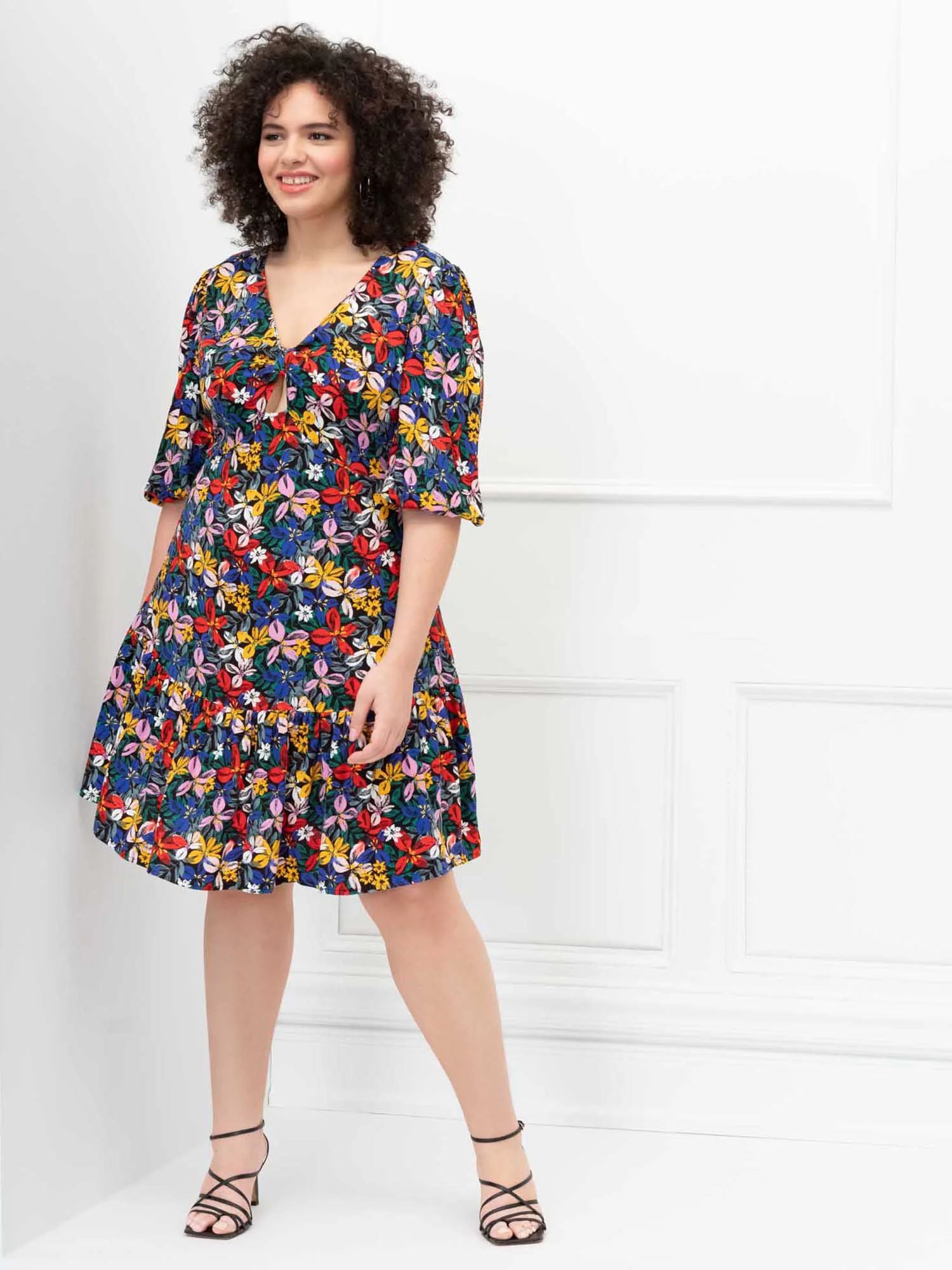 ELOQUII Elements Women's Plus Size Knot Front Floral Print Flounce Dress | Walmart (US)