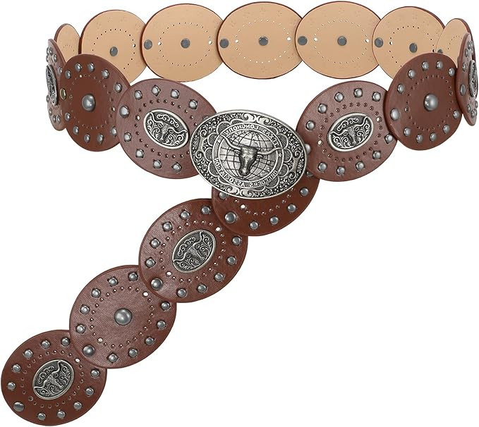 LEACOOLKEY Women's Boho Disc Belt Cowboy Wide Western Concho Leather Belt for Dresses Jeans Pants | Amazon (US)