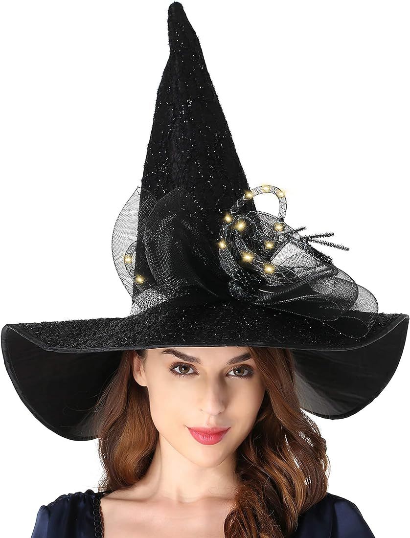Black Halloween Costume LED Light Witch Hats for Women Steeple Top with Lamp for Party Black | Amazon (US)