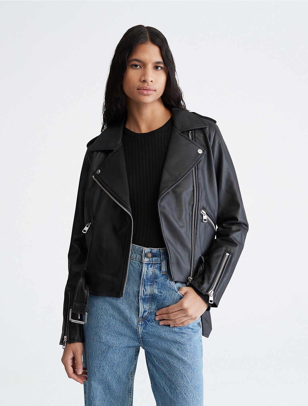 Faux Leather Cropped Biker Jacket | Calvin Klein | Calvin Klein (US)