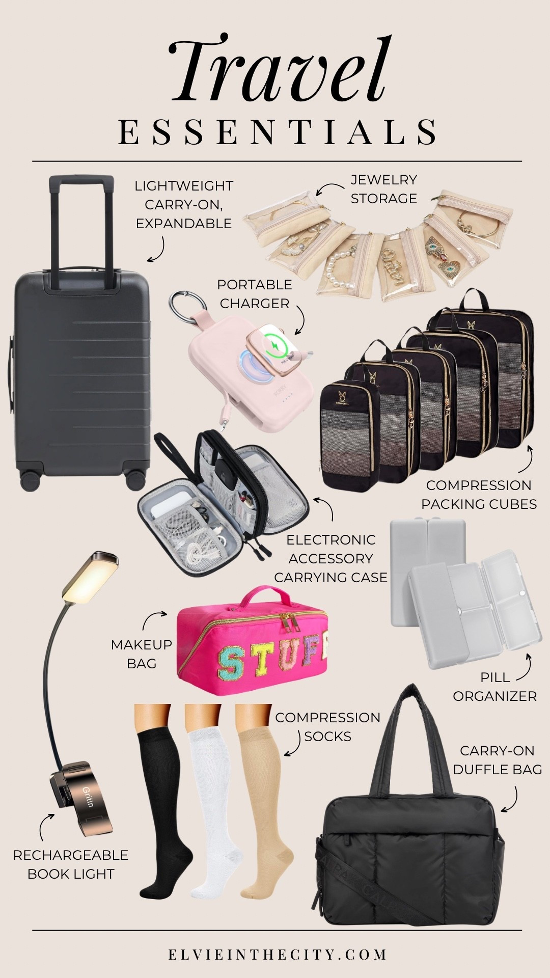 Some of my travel essentials include an expandable carry-on suitcase, jewelry storage pouches, a portable charger, compression packing cubes, an electronic accessory case, pill organizer, rechargeable book light, compression socks, and a carry-on duffle bag.

Travel must haves, travel favorites, packing essentials

#LTKdayinmylife #LTKTravel #LTKOver40