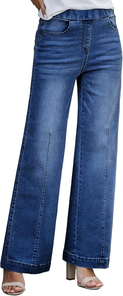 BestGirl Women's Baggy Jeans Pull On Stretchy Loose High Waisted Wide Leg Denim Pants Y2K 90s | Amazon (US)