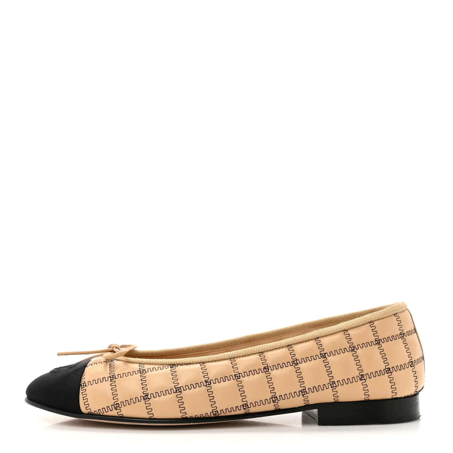 Lambskin Embroidered Quilted Cap Toe Ballerina Flats 38.5 Beige Black | FASHIONPHILE (US)