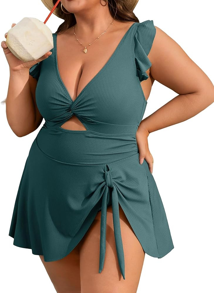 Charmo Ruffle Ribbed Plus Size Swimdress for Women One Piece Swimsuit Tummy Control Bathing Suit ... | Amazon (US)
