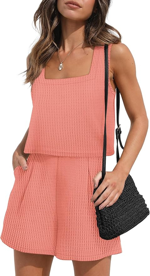 XIEERDUO Waffle Knit 2 Piece Outfits for Women Summer Short Set with Pocket Travel Outfits Lounge... | Amazon (US)