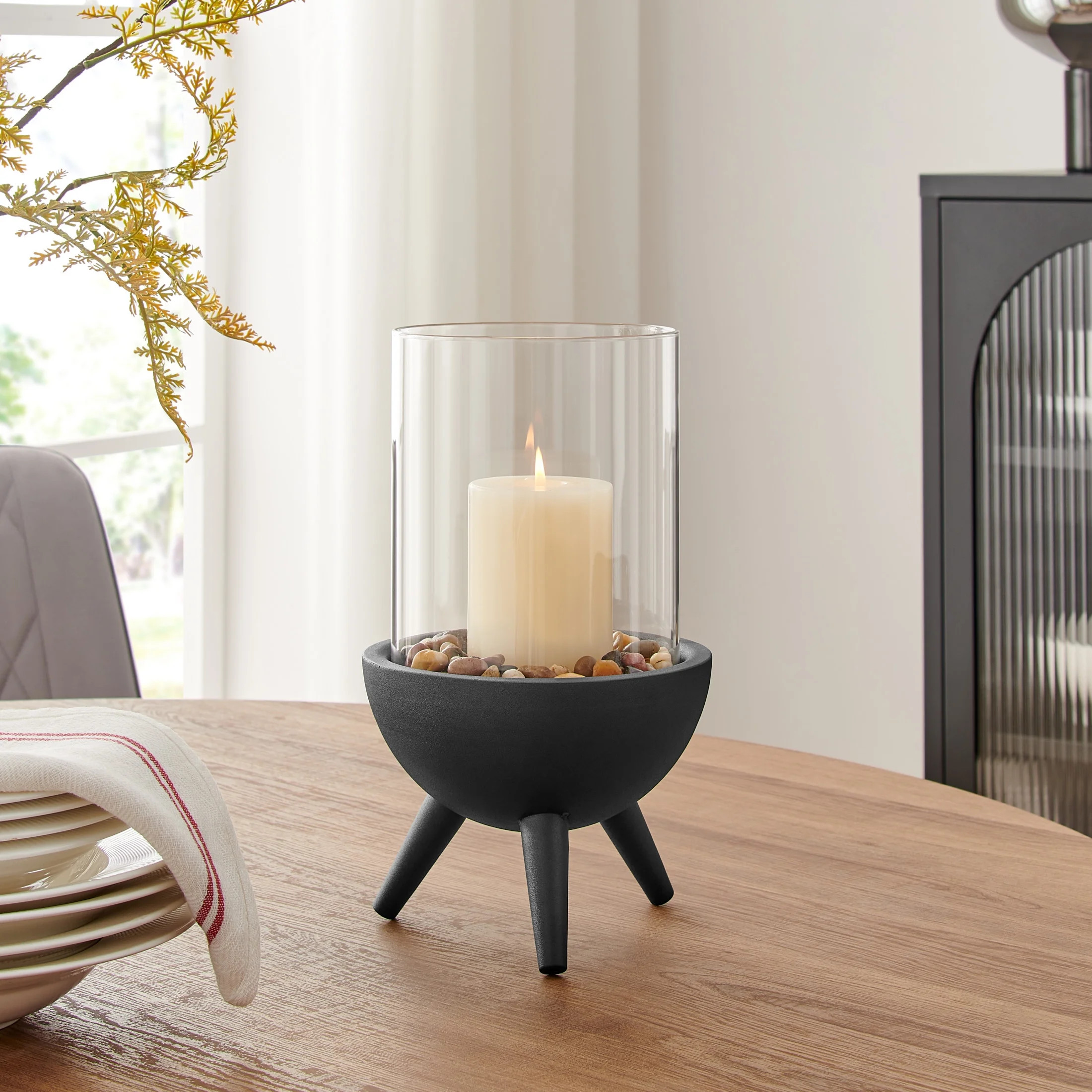 Danya B. Molta Modern Black Metal Bold Pedestal and Glass Pillar Hurricane Candle Holder - Large | Walmart (US)