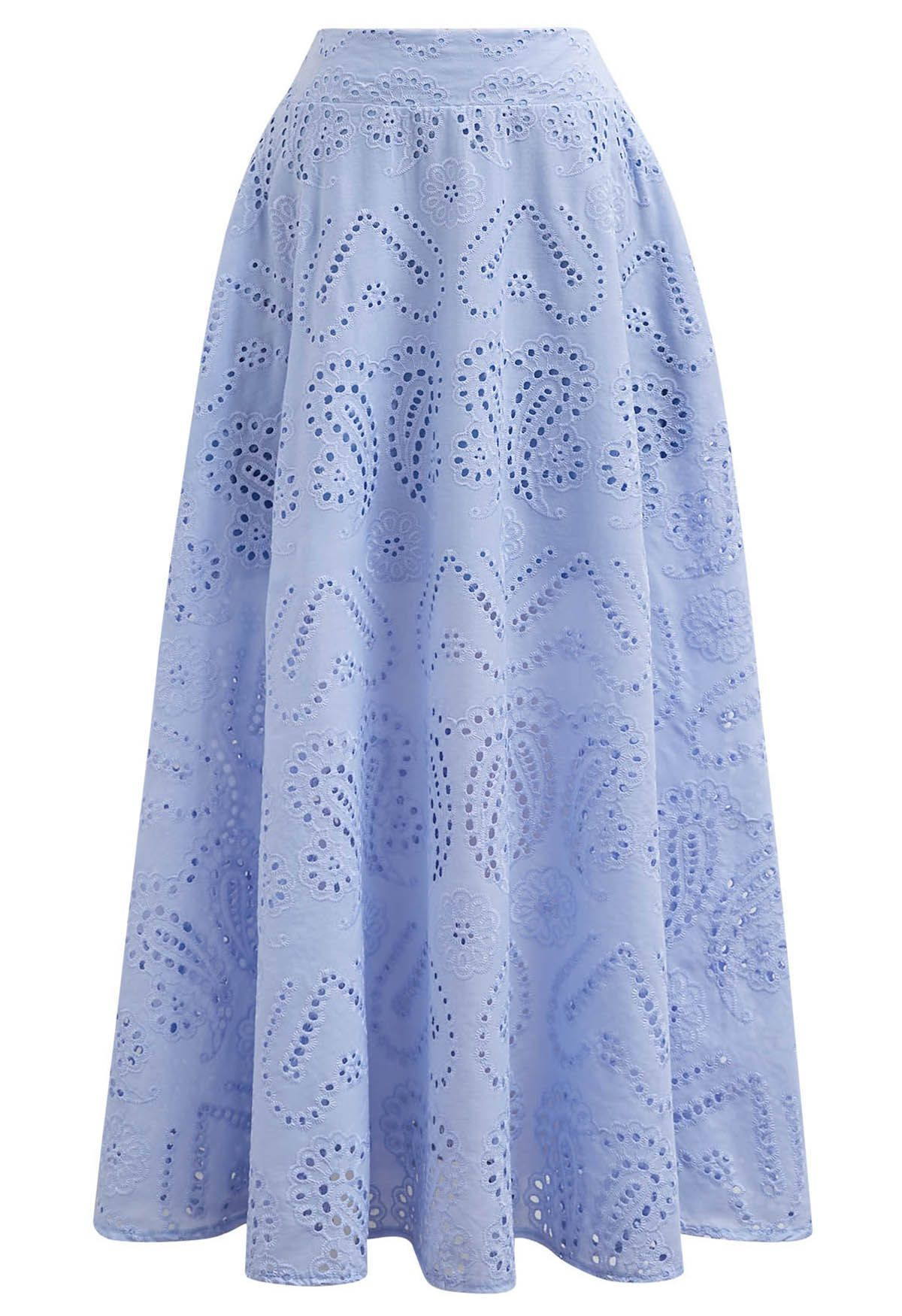 Paisley Eyelet Embroidery High-Waist Shirred Back Maxi Skirt in Lavender | Chicwish