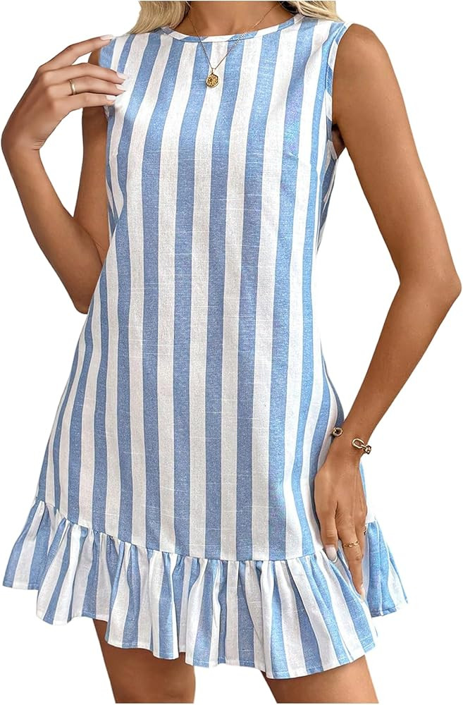 Floerns Women's Casual Striped Crew Neck Mini Dress Sleeveless Flared Ruffle Hem Tunic Dresses | Amazon (US)
