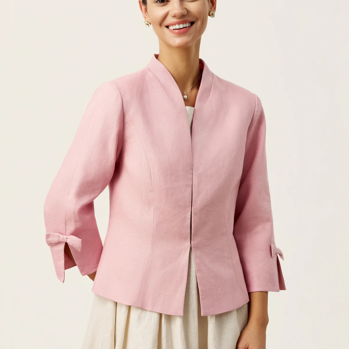 100% Linen Bow Cuff Stand Collar Jacket FINOLA | LINTICO