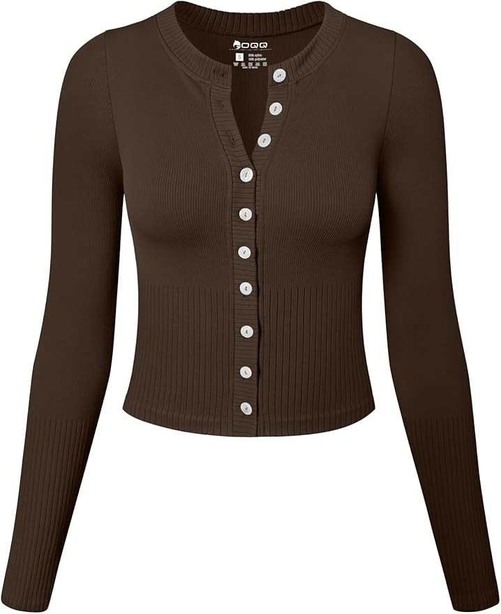 OQQ Womens Long Sleeve Shirts Crew Neck Button Knit Stretch Casual Basic Tops Fitted Tee Shirts | Amazon (US)