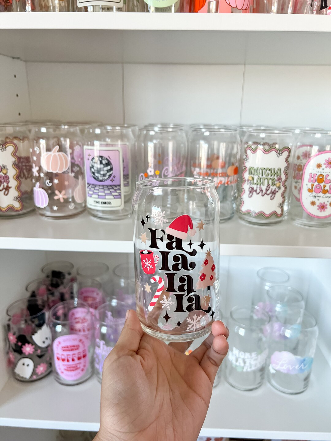 Fa La La La Cute Christmas Glass Can Cup With Christmas Trees - Etsy | Etsy (US)