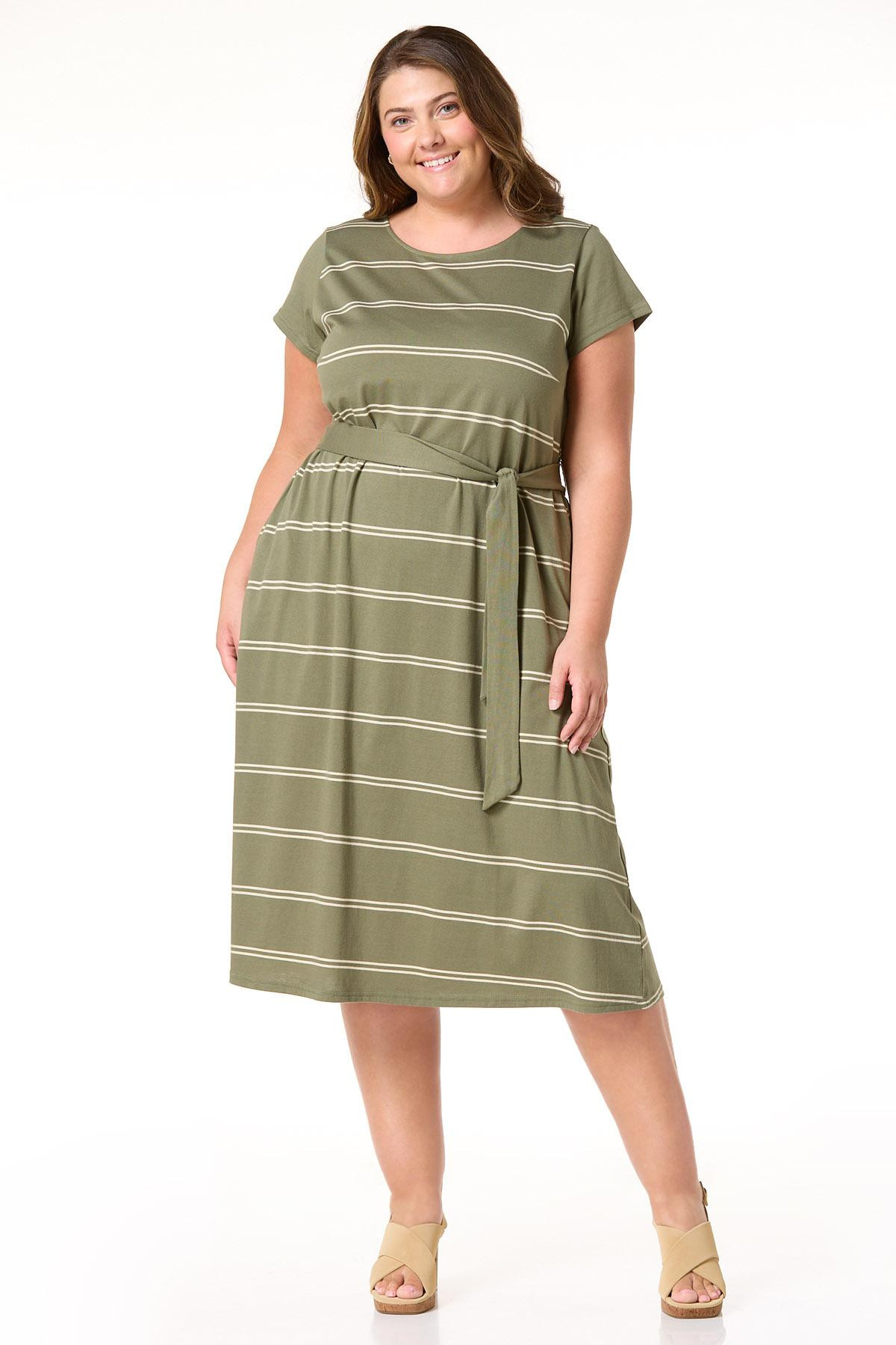 Plus Size Stripe Belted Tee Shirt Dress | Cato Fashions