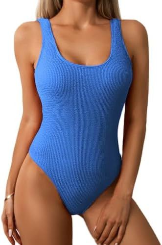 Limeeke Women One Piece Swimsuit Solid Ribbed Monokini Swimwear Scoop Neck Low Back Bathing Suit | Amazon (US)