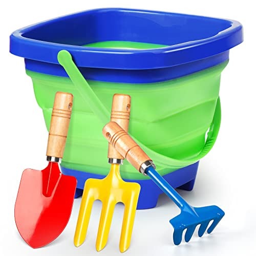 Kids Beach Sand Shovels with Foldable Bucket, Sensory Beach Garden Tool Set for Boys Girls, Metal Spade Spoon Hoe Rake with Sturdy Wooden Handle, Excavator Toy for Children Ages 3-5+ | Amazon (US)