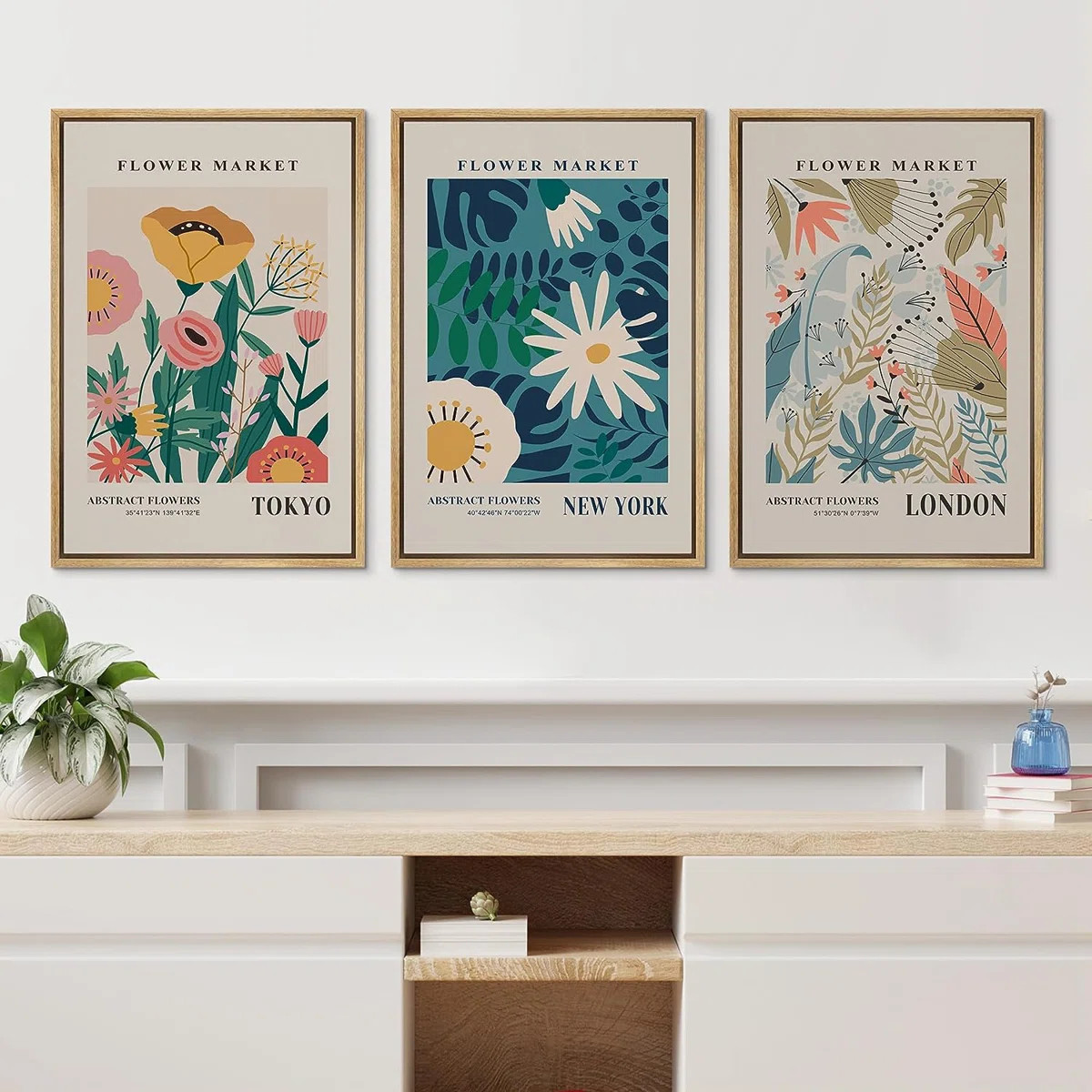 Classical Artwork NYC London Colorful Flower Market Abstract Floral & Botanical Framed Canvas 3 P... | Wayfair North America