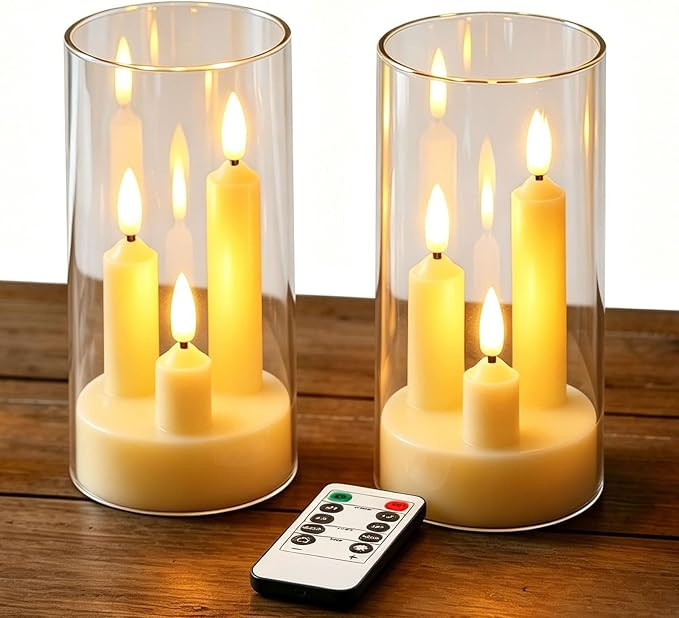 2 Pack Flameless Taper Candles, 3D Realistic Wick LED Taper Candle Lights with Clear Acrylic Cove... | Amazon (US)