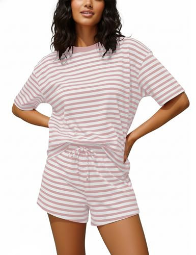 AIHUKOCY Women Striped 2 Pieces Lounge Set Stripes Short Sleeve Tshirts Drawstring Shorts Two Pieces Summer Sets Pink | Amazon (US)