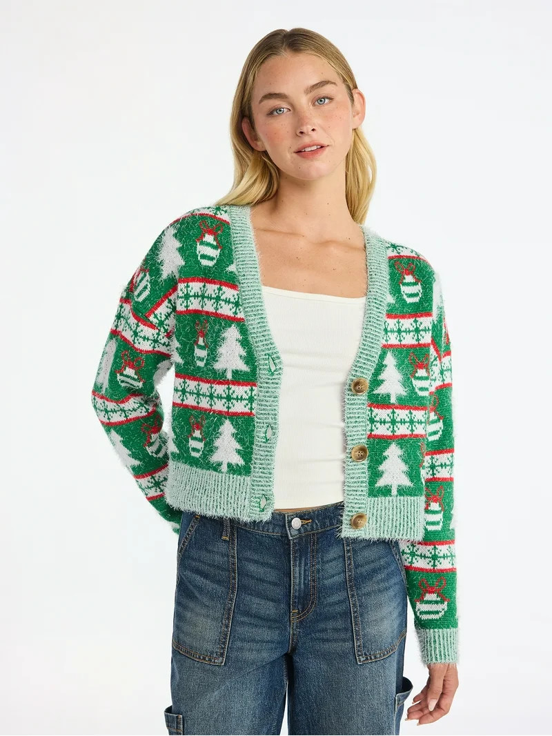 No Boundaries Embroidered Christmas Cardigan, Women's & Women's Plus | Walmart (US)