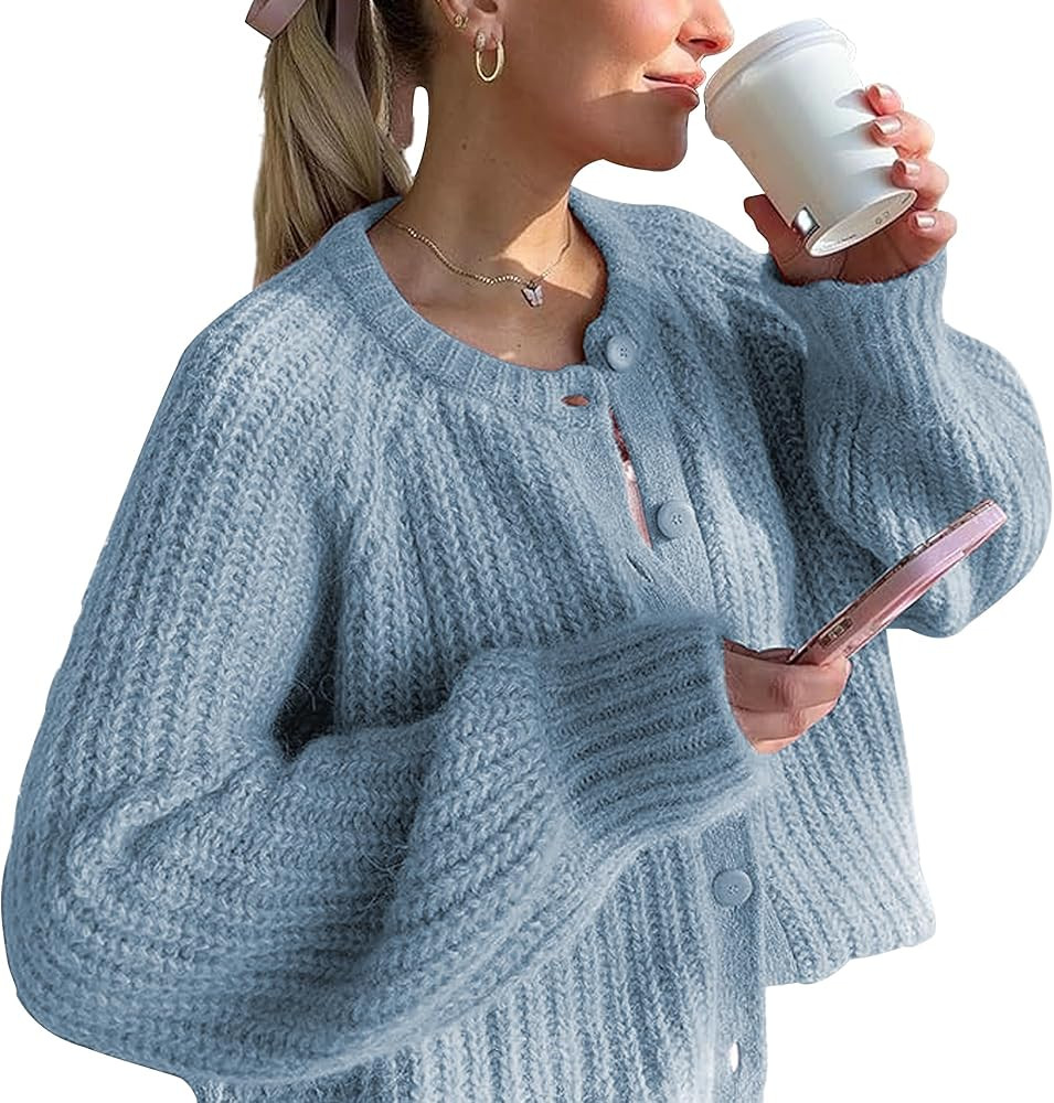 Crochet Cardigan Sweaters for Women Tops Chunky Knitted Crew Neck Long Sleeve Button Down Jackets... | Amazon (US)