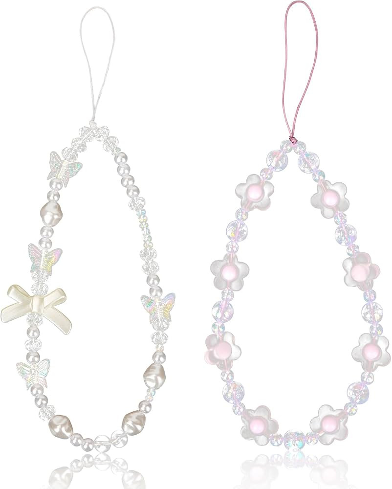 2pcs Beaded Phone Bracelet Strap, Crystal Butterfly Flower Pearl Phone Beaded Wrist Strap Phone B... | Amazon (US)