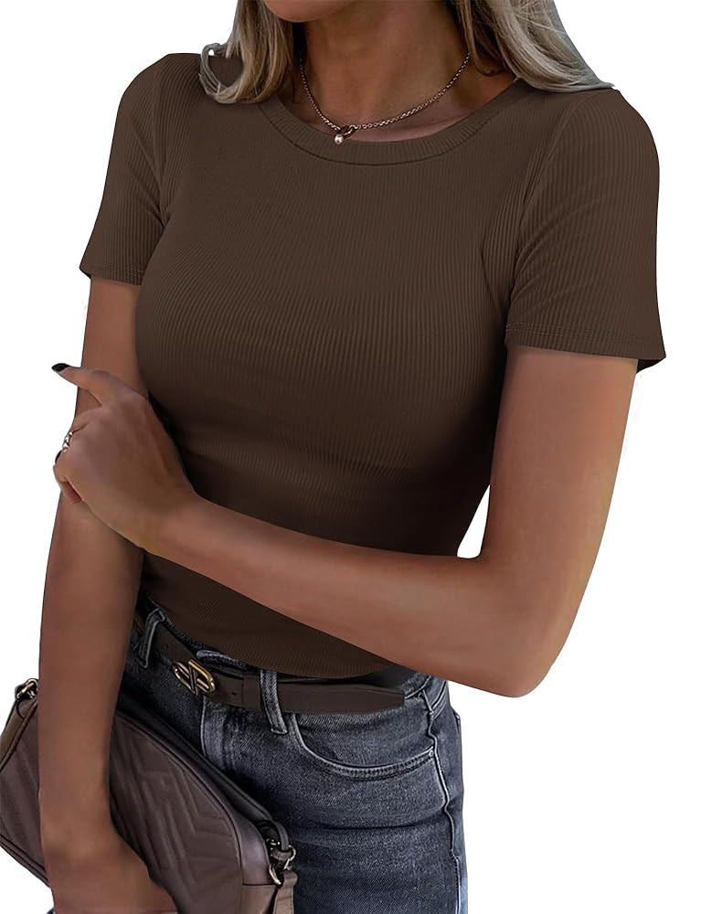 Roselux Women Crew Neck Ribbed Fitted Tight Tshirt Short Sleeve Shirt Basic Knit Top | Amazon (US)
