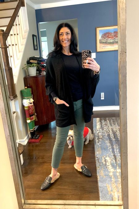 Olive and black OOTD. Olive colored jeans from Target. I’m wearing a size 4. Amazon long sleeve tee. I’m wearing a small. Black kimono sweater from Aerie. Target faux fur mules  

#LTKunder50 #LTKshoecrush #LTKstyletip