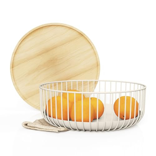LIBKEN Fruit Basket for Kitchen - Multi-Purpose Stackable Basket with Wooden Lid - Powder Coated Metal and Rubber Wood - Wire Baskets for Organizing - Minimal Design - 4.5x11.4x11.4 - Warm Gray | Amazon (US)