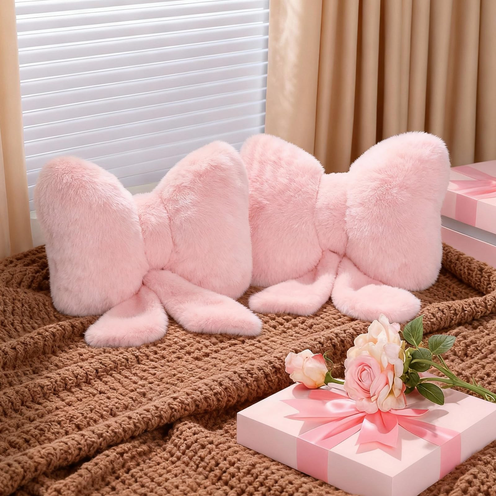 2 Pcs Pink Bow Pillow Faux Fur Pink Throw Pillows Soft Furry Coquette Decorative Cushion Cute Plu... | Amazon (US)
