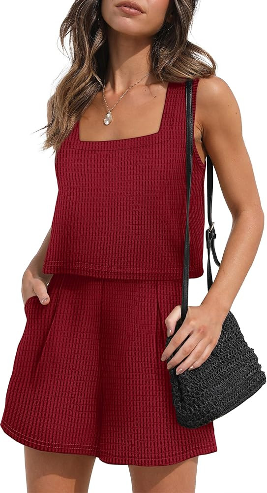 XIEERDUO Waffle Knit 2 Piece Outfits for Women Summer Short Set with Pocket Travel Outfits Lounge... | Amazon (US)