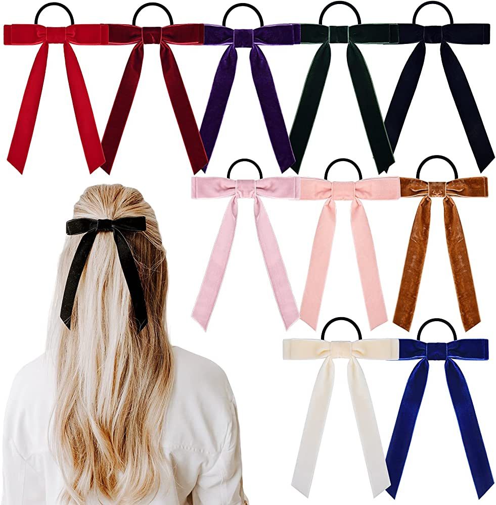 10PCS Bow Hair Tie Velvet Hair Ribbon Elastics Hair Scrunchies Long Ponytail Holder Hair Bow Band... | Amazon (US)