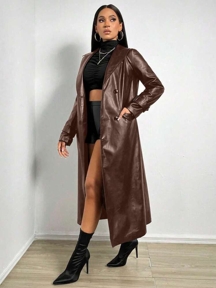 SHEIN x Carly Lawrence BamGleam Women's Brown Faux Leather Trench Coat For Fall And Winter | SHEIN