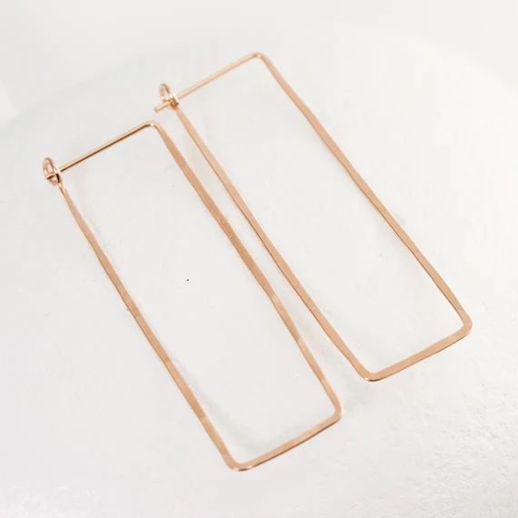 Large Rectangle Hoop Earrings Hammered in 14K Rose Gold or | Etsy | Etsy (US)