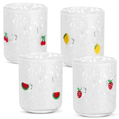 SiliFine 4 Pack Fruit Icon Juice Glasses Set - 14 oz Cherry, Watermelon, Strawberry, Lemon Stemless Glass Cup for Coffee Wine Cocktail Drinking - Summer Birthday Holiday Party Supplies & Ideal Gift | Amazon (US)