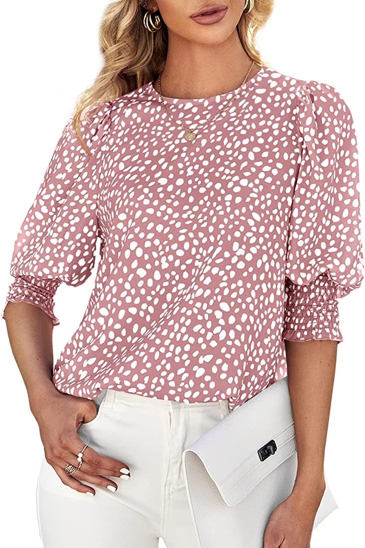 Teurkia Women's Polka Dot 3/4 Sleeve Blouse Tops Ladies Casual Office Work Crew Neck T-Shirt | Amazon (US)