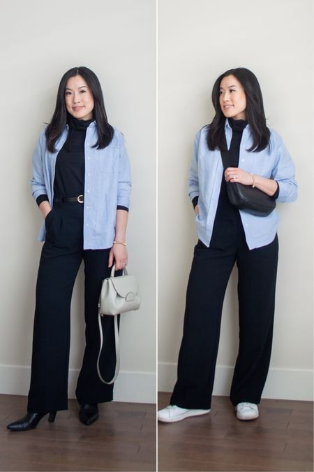 Two ways to wear 1 outfit base, featuring a black monochrome base with a pop of blue from the Oxford shirt.

Wearing Everlane shirt XS, Tradlands turtleneck XS, Aritzia pants size 2

#LTKSeasonal #LTKfindsunder100 #LTKstyletip