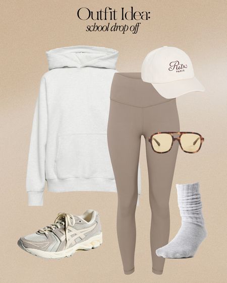 Outfit Idea: School drop off 

Sweatshirt, Aritzia, taupe leggings, ASICS Sneakers