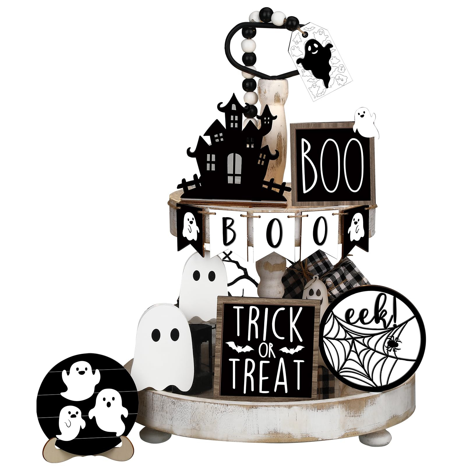 Umigy 15 Pcs Halloween Tiered Tray Decor Set Cute Ghost Tray Decorations Halloween Wooden Signs F... | Amazon (US)