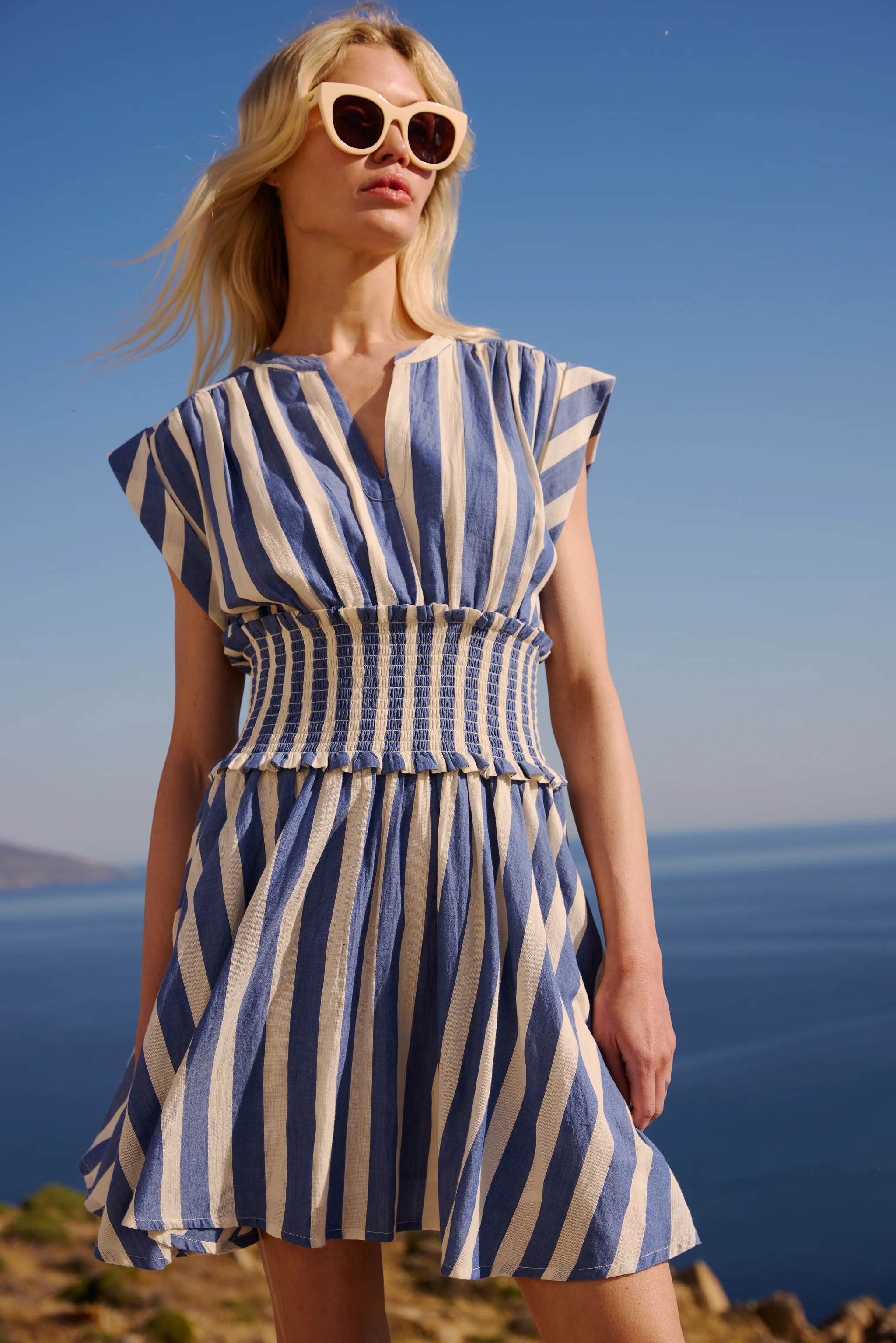 Smocked Waist Roll Sleeve- Solana Blue | Oliphant Design