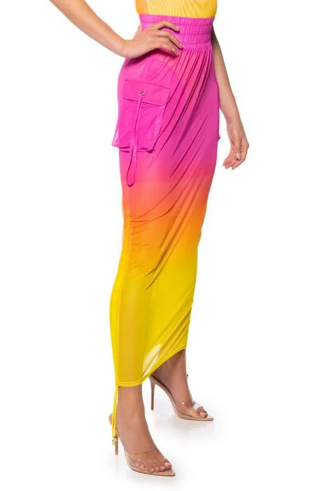 SUNRISE OMBRE MESH ADJUSTABLE MIDI SKIRT IN PINK MULTI | AKIRA
