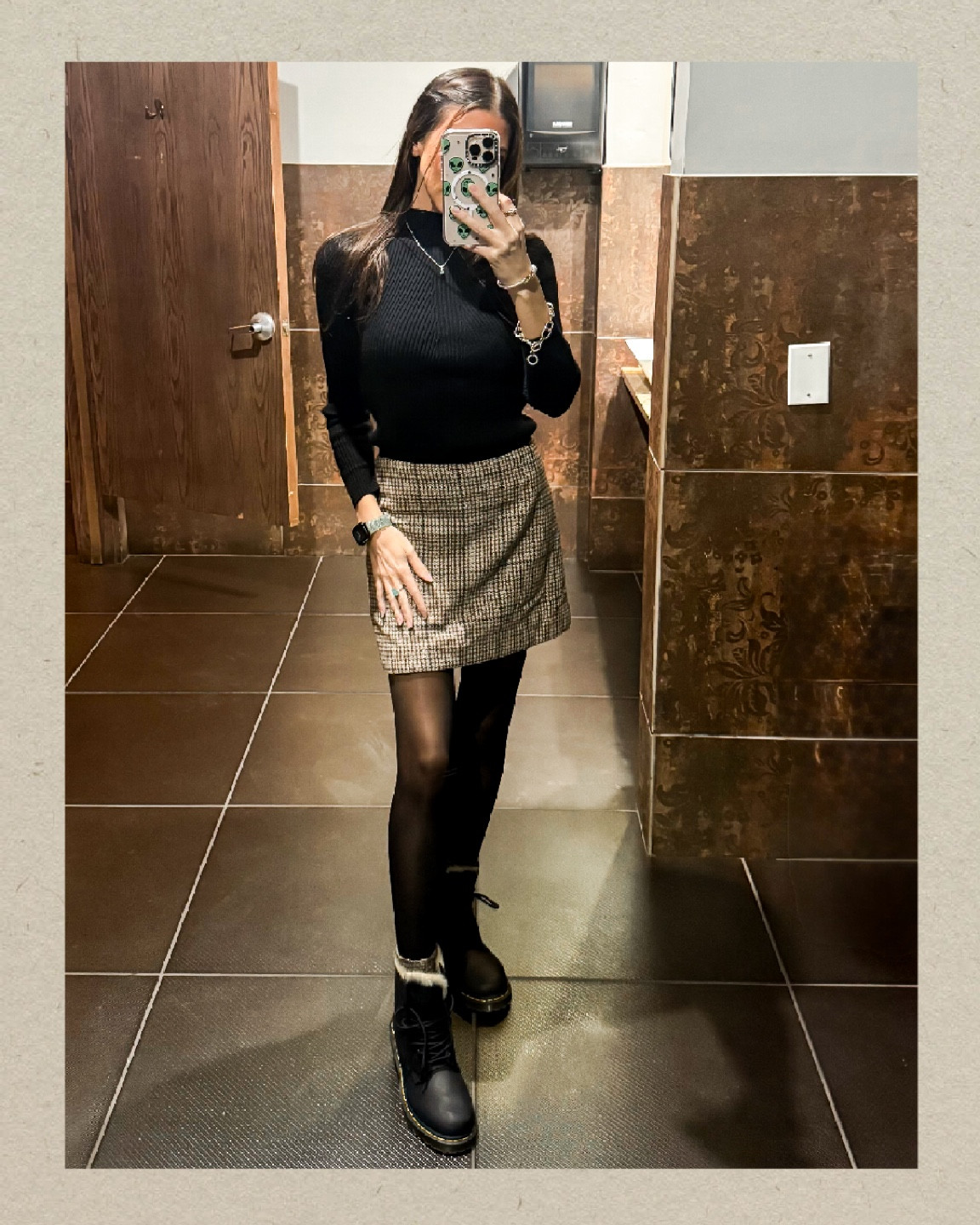 Cozy layers, classic vibes 🍂✨ This brown plaid skirt and fitted black sweater combo is a winter wardrobe win. 

Paired with tights and my trusty lace-up Doc Martens for the perfect balance of comfy and edgy! 

Tap to shop the look! 

#datenight #LTKfashion #valentines