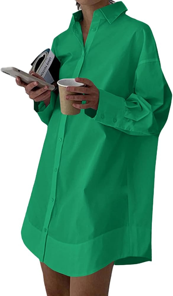 LYANER Women's Casual Shirt Dress Collar V Neck Button Down Loose Long Sleeve Mini Dresses | Amazon (US)