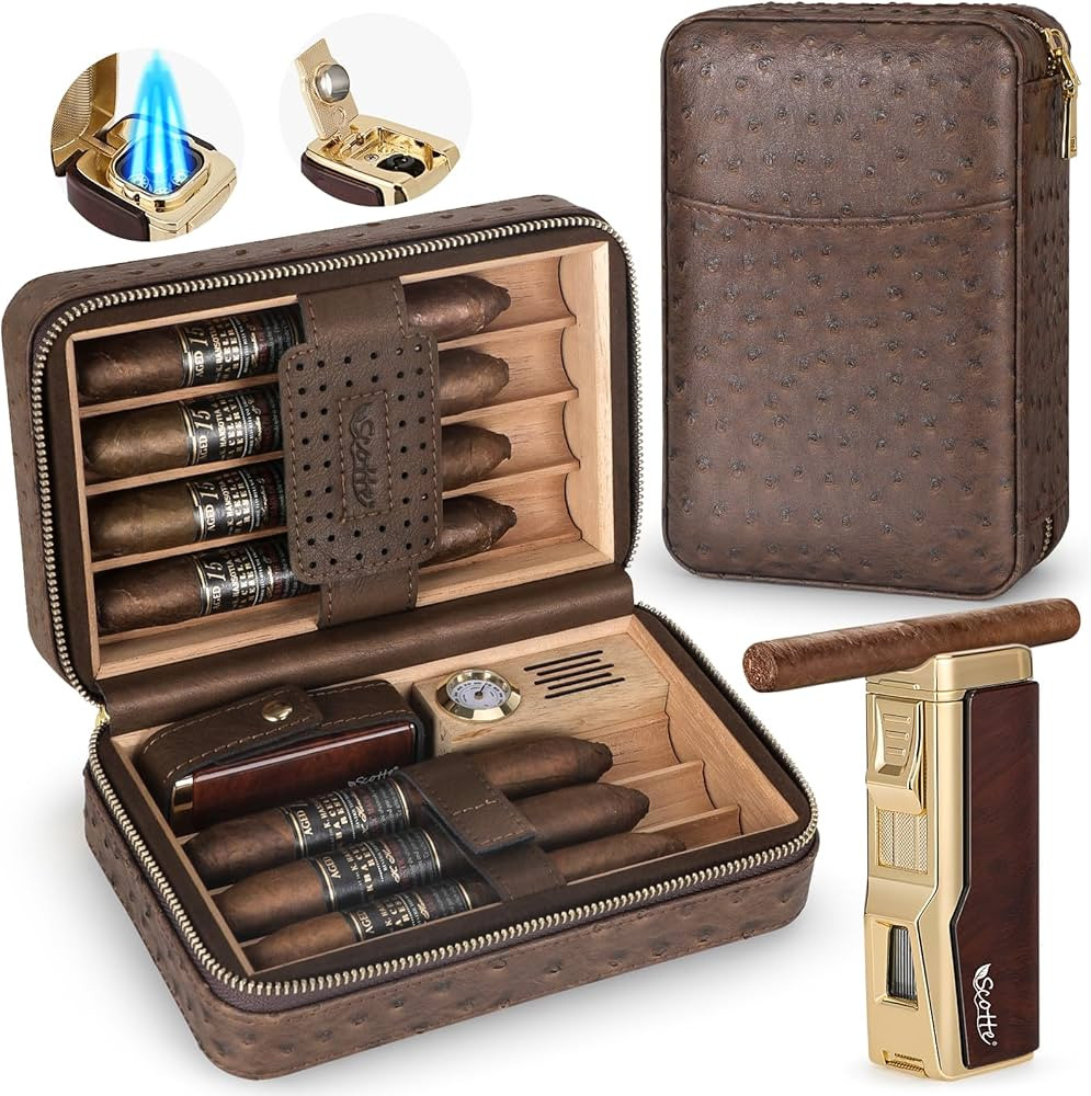 Scotte Cigar Humidor Box, Cigar Lighter Cedar Wood Lined Leather Cigar Case Built in Hygrometer &... | Amazon (US)
