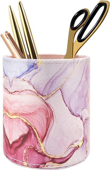 WAVEYU Pen Holder for Women Girls, Pencil Cup Pink Desk Decor, Makeup Brush Holder Large Pu Leath... | Amazon (US)