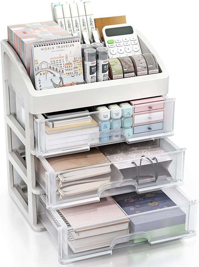 ZHAIXIAONIAN Desk Organizer with Drawers, 3 Drawer Desktop Plastic Storage, Clear Desktop Storage... | Amazon (US)
