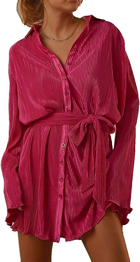 KMBANGI Women Sexy Mini Shirt Dress Pleated Button Down V Neck Collared Short Dress Print Lace Up... | Amazon (US)