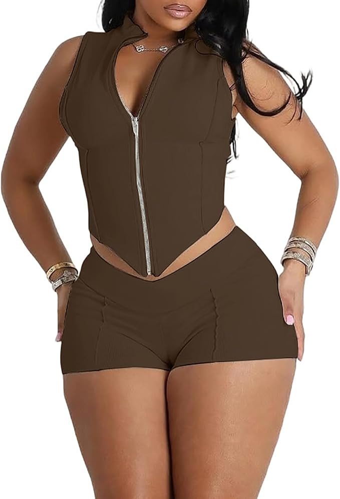 2 Piece Going Out Sets for Women Sexy Zip Up Crop Tank Top Bodycon Biker Shorts Set Club Gym Outf... | Amazon (US)