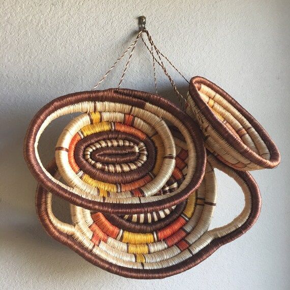 Lot of 3 Matching Native American Tribal Coil Baskets Trays Wall Hanging Orange Yellow Brown Natural | Etsy (US)
